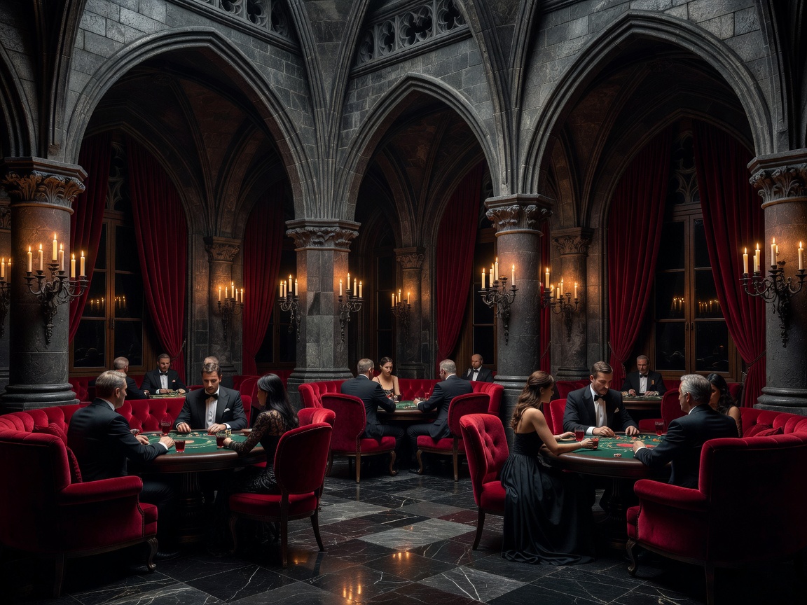 Dark luxury casino environment with red velvet furniture and gothic stone arches