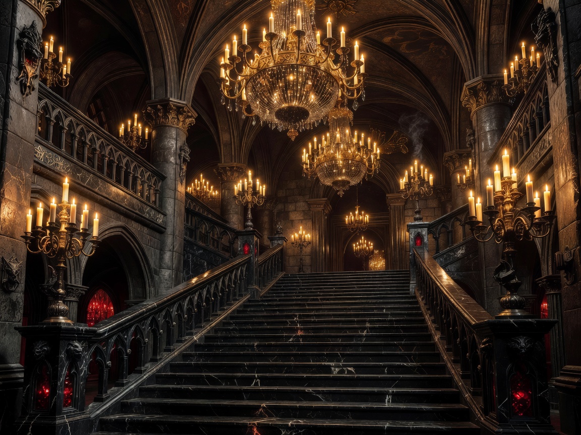 Golden chandeliers and glowing candlelight illuminating the grand gothic staircase